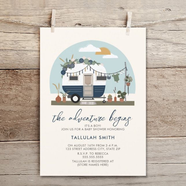 The Adventure Begins Boho Blue Camper Baby Shower  Invitation (Creator Uploaded)