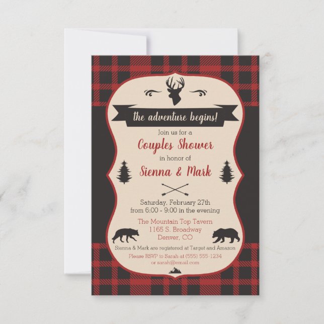 The Adventure Begins! Buffalo Plaid Couples Shower Invitation (Front)