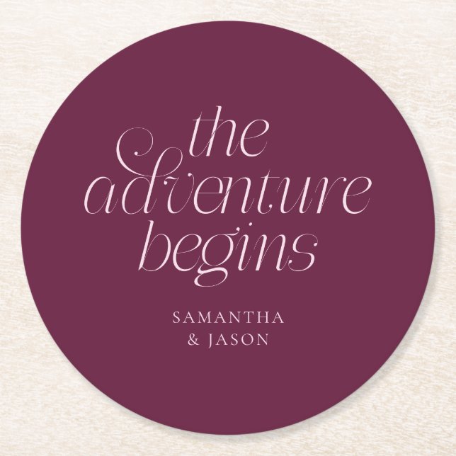 The Adventure Begins Cranberry Wedding Round Paper Coaster (Front)