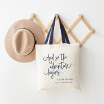 The Adventure Begins | Custom Wedding Welcome Tote Bag<br><div class="desc">Welcome guests to your wedding weekend or destination wedding with these chic and modern personalised tote bags. Design features "and so the adventure begins" in classic navy blue hand lettered script,  with your names and wedding date beneath.</div>