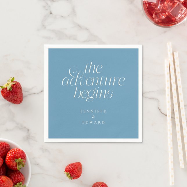 The Adventure Begins Denim Blue Modern Typography Napkin (Insitu)