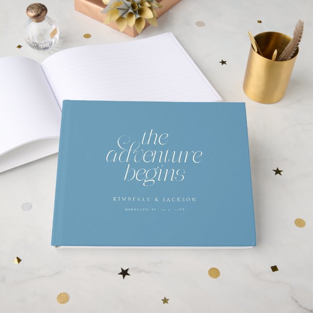 The Adventure Begins Denim Blue Wedding Guest Book (Front Open)
