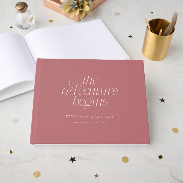 The Adventure Begins Dusty Pink Wedding Guest Book (Front Open)