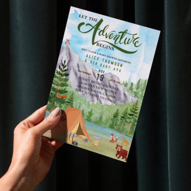 the adventure begins forest mountain baby shower invitation (the adventure begins woodland baby shower forest baby boy mountain mother to be bear comping camper )