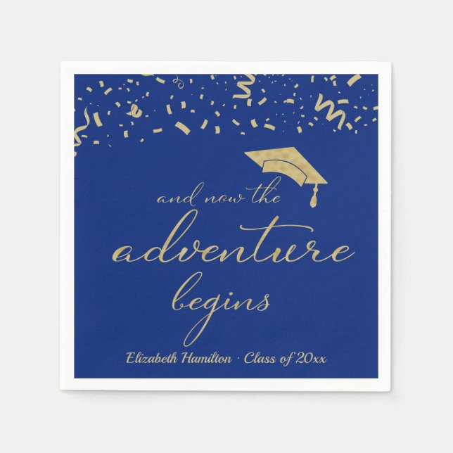 The Adventure Begins Gold Foil Blue Grad Party Napkin (Front)