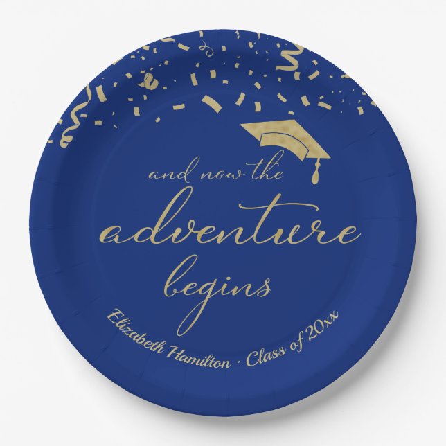 The Adventure Begins Gold Foil Blue Grad Party  Paper Plate (Front)