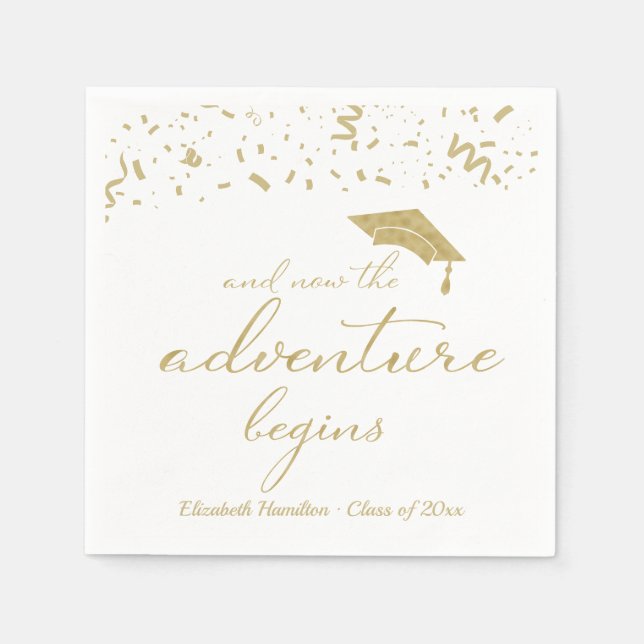 The Adventure Begins Gold Foil Graduation Party Na Napkin (Front)