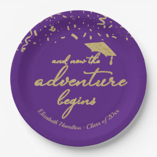 The Adventure Begins Gold Foil Graduation Party Paper Plate