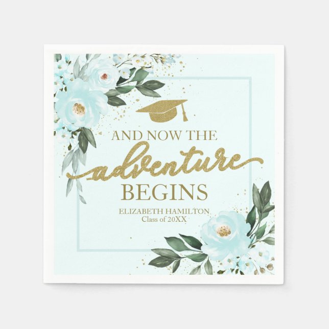 The Adventure Begins Gold Teal Floral Grad Party Napkin (Front)