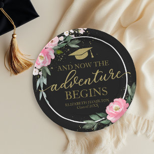 The Adventure Begins Hot Pink Floral Grad Party Paper Plate
