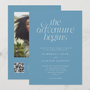 The Adventure Begins Minimal Denim Blue Wedding  Invitation