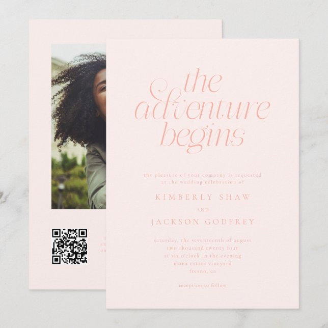 The Adventure Begins Minimal Peach Wedding  Invitation (Front/Back)
