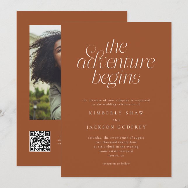The Adventure Begins Minimal Terracotta Wedding  Invitation (Front/Back)