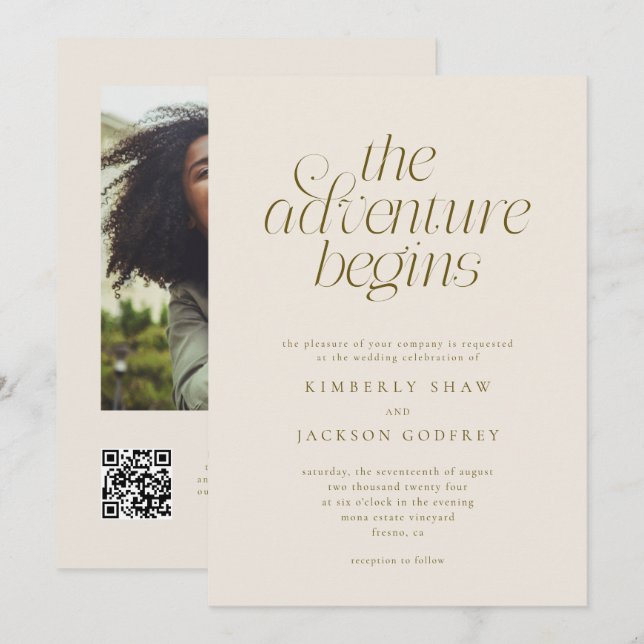 The Adventure Begins Minimalist Cream Wedding  Invitation (Front/Back)