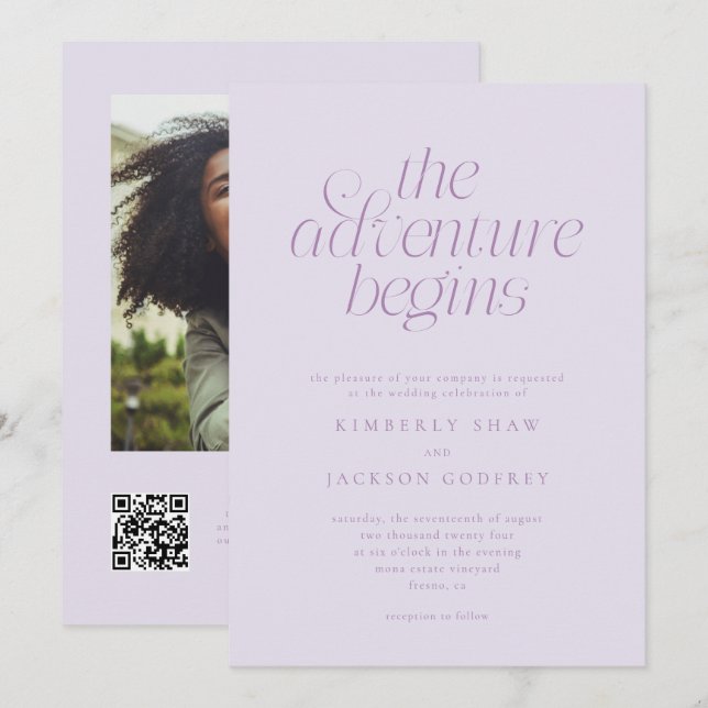 The Adventure Begins Minimalist Lilac Wedding  Invitation (Front/Back)