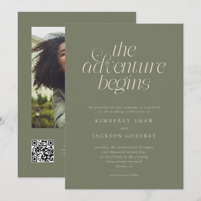 The Adventure Begins Minimalist Sage Wedding  Invitation (Front/Back)