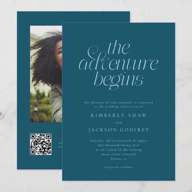 The Adventure Begins Minimalist Teal Wedding  Invitation (Front/Back)