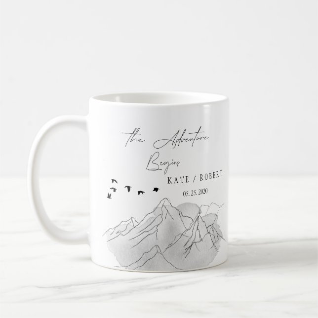the adventure begins mountain illustration wedding coffee mug (Left)