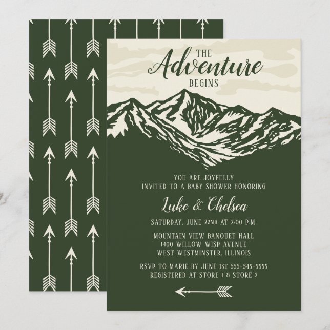 The Adventure Begins Mountain Rustic Baby Shower Invitation (Front/Back)