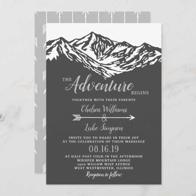 The Adventure Begins Mountain Wedding Grey Invitation (Front/Back)