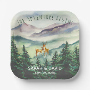 The Adventure Begins Mountains Deer Forest Wedding Paper Plate