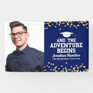 The Adventure Begins Navy Blue Grad Party Photo Banner