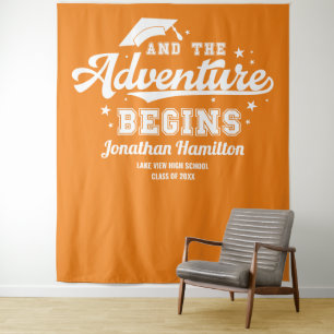 The Adventure Begins Orange Graduation Backdrop Tapestry