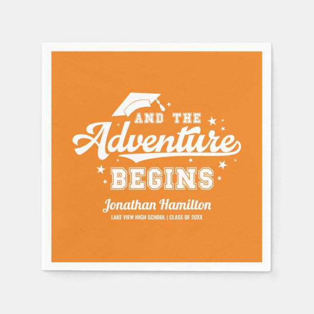 The Adventure Begins Orange Graduation Party Napkin (Front)