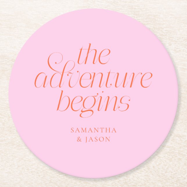 The Adventure Begins Orange Pink Wedding Round Paper Coaster (Front)