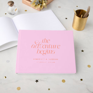 The Adventure Begins Pink Orange Wedding Guest Book