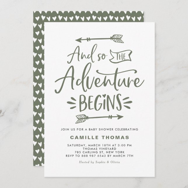 The Adventure Begins Quote Tuape Green Baby Shower Invitation (Front/Back)