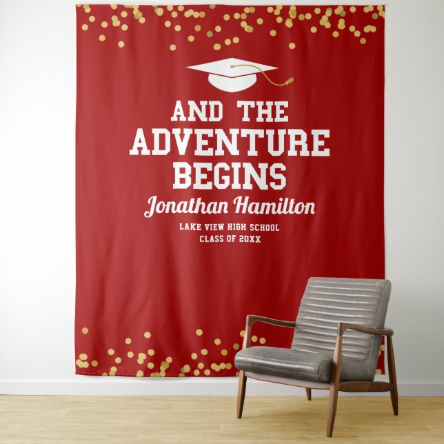 The Adventure Begins Red Gold Grad Party Backdrop Tapestry (In Situ)