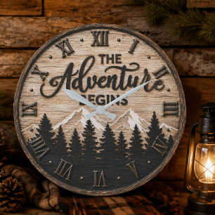 The Adventure Begins Rustic Mountain Cabin Large Clock