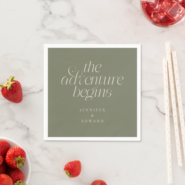 The Adventure Begins Sage Green Modern Typography Napkin (Insitu)