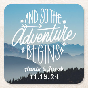 The Adventure Begins Save the Date Square Paper Coaster