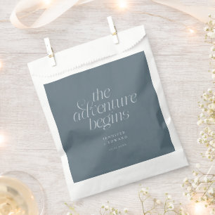 The Adventure Begins Slate Blue Minimalist Wedding Favour Bags