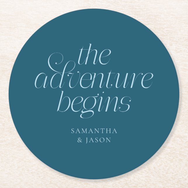 The Adventure Begins Teal Wedding Round Paper Coaster (Front)
