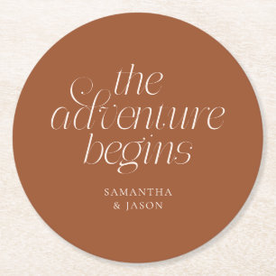 The Adventure Begins Terracotta Wedding Round Paper Coaster