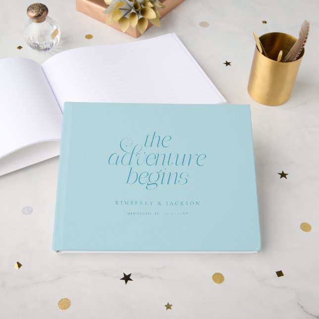 The Adventure Begins Turquoise Wedding Guest Book (Front Open)