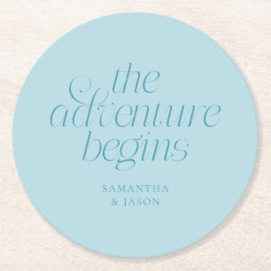 The Adventure Begins Turquoise Wedding Round Paper Coaster