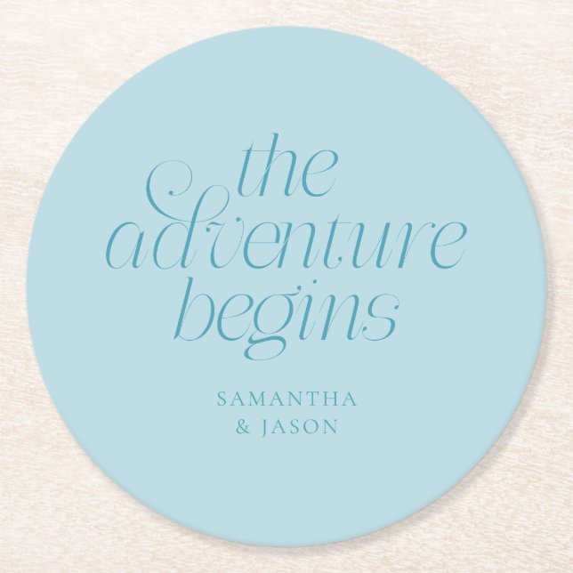 The Adventure Begins Turquoise Wedding Round Paper Coaster (Front)