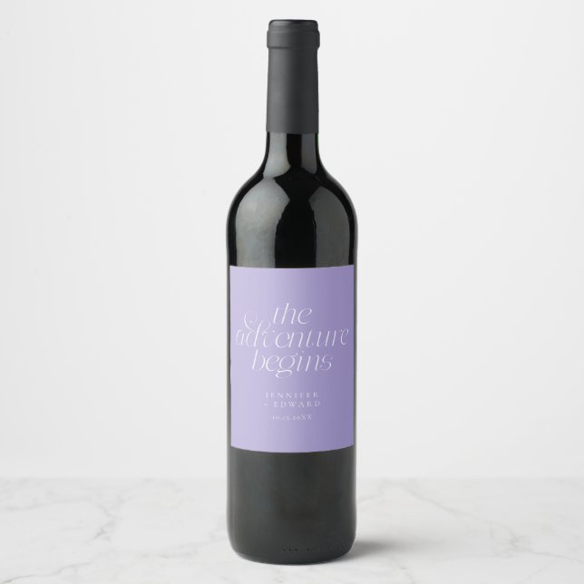 The Adventure Begins Violet Wedding Wine Label (Front)