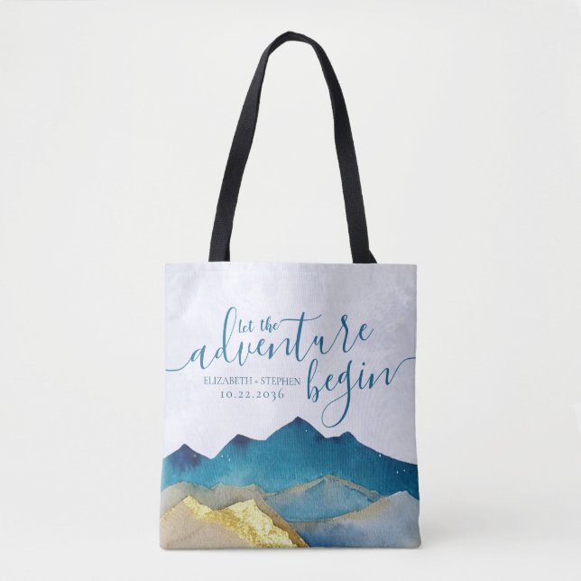The Adventure Begins Watercolor Mountains Wedding Tote Bag (Front)