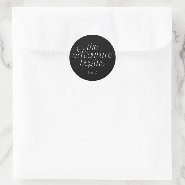 The Adventure Begins Wedding Black Classic Round Sticker (Bag)