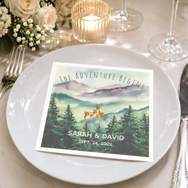 The Adventure Begins  Wedding Mountains Deer Pines Napkin (Creator Uploaded)