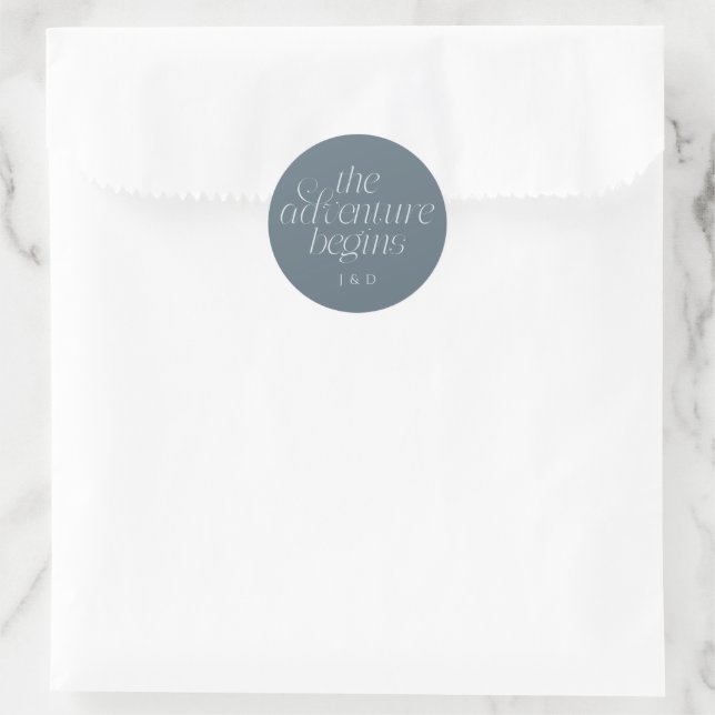 The Adventure Begins Wedding Slate Blue Classic Round Sticker (Bag)
