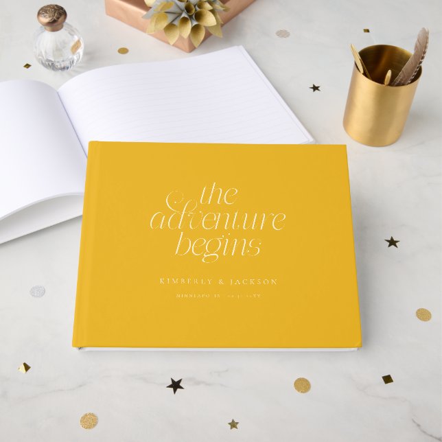 The Adventure Begins Yellow Wedding Guest Book (Front Open)