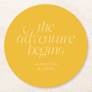 The Adventure Begins Yellow Wedding Round Paper Coaster