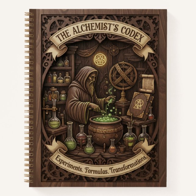 The Alchemist's Codex 3D Wood Carved Journal (Front)