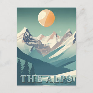 The Alps Vintage Geometric European Ski Mountain Postcard